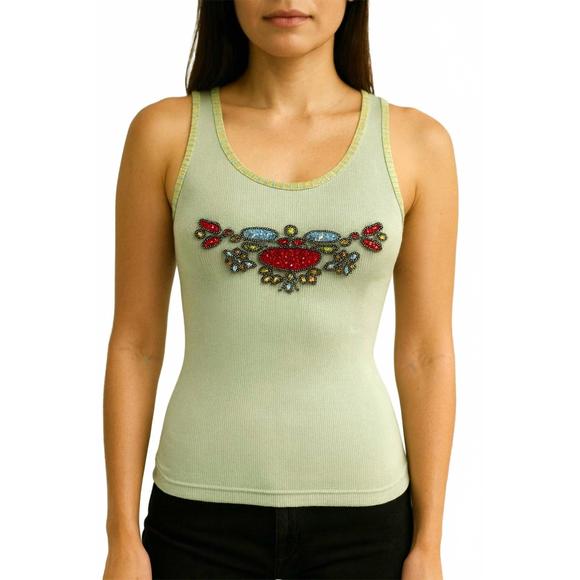 NEW PAPARAZZI sleeveless top with embroidery & beaded works in sage - Picture 1 of 2